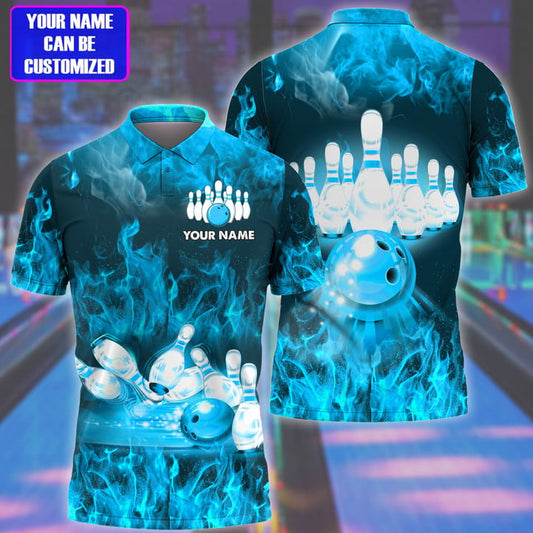 BlueJose Bowling Flame Pattern Multicolor Customized Name 3D Polo Shirt