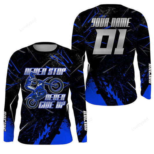 BlueJose Blue Motocross Racing Shirt Never Stop 3D Hoodie