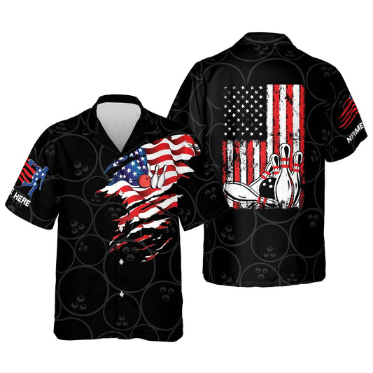 BlueJoses USA Flag Patriotic Button-Down Personalized Name Hawaiian Shirt
