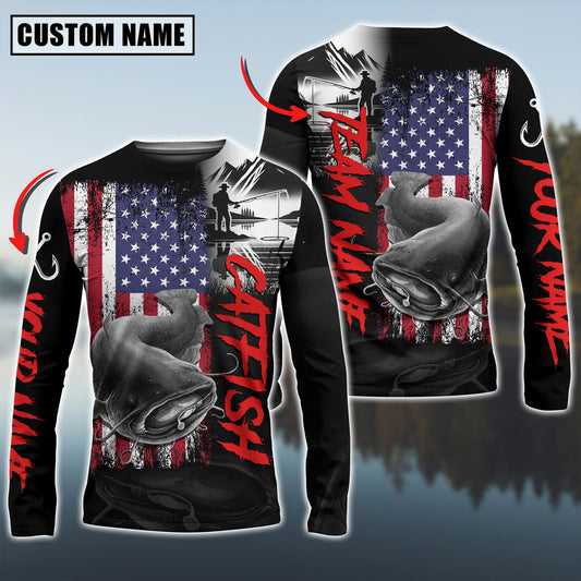 Bluejose Catfish Fishing Black US Flag Sport Custom Name & Team Name 3D Shirts
