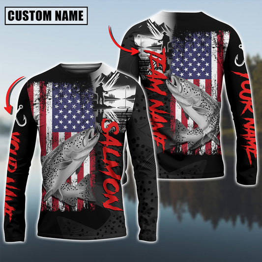 Bluejose Salmon Fishing Black US Flag Sport Custom Name & Team Name 3D Shirts