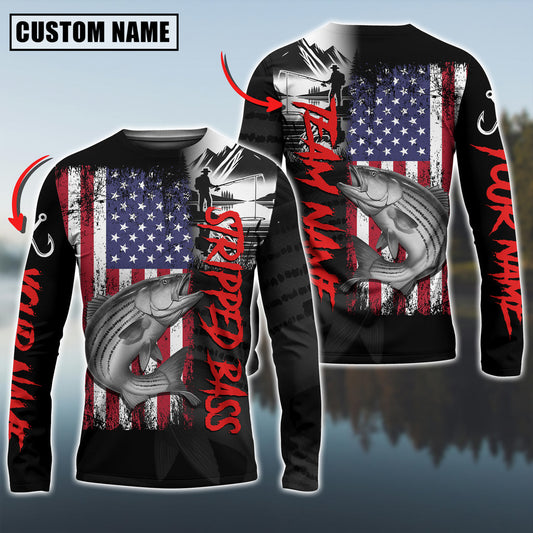 Bluejose Striped Bass Fishing Black US Flag Sport Custom Name & Team Name 3D Shirts