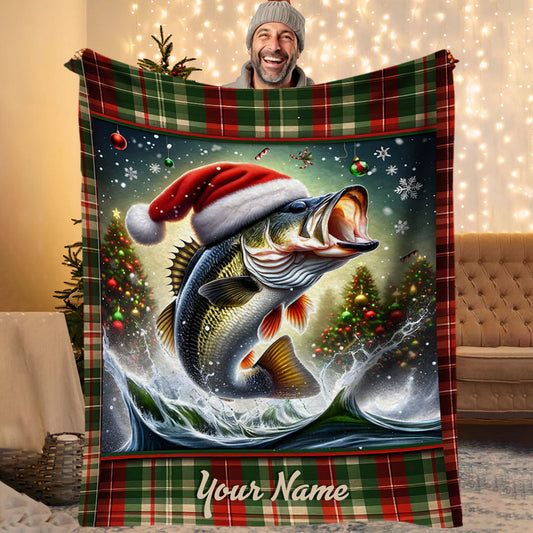 BlueJose Custom Name Christmas Largemouth Bass Fishing Blanket