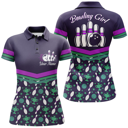 BlueJose Purple Bowling Ball And Pins Pattern Customized Name All Over Printed Shirt For Women