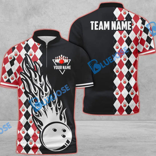 BlueJose Bowling And Pins Retro Classic Multicolor Customized Name 3D Zipper Polo (8 Colors)