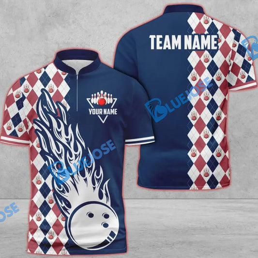 BlueJose Bowling And Pins Retro Classic Multicolor Customized Name 3D Zipper Polo (8 Colors)