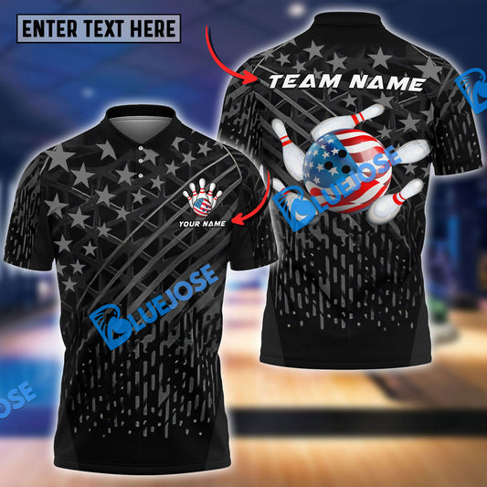 BlueJose Bowling US Black Flag Pattern Customized Name, Team Name 3D Shirt