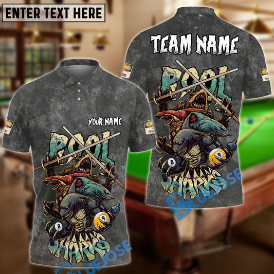 BlueJose Billiards Ball 8 & 9 Pool Sharks Washed Pattern Personalized Name Shirt (4 Colors)