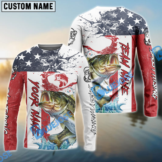 Bluejose Bass Fishing American Flag Red Blue Seawave Custom Name & Team Name Shirts For Kids
