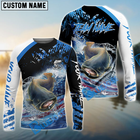 Bluejose Catfish Fishing American Flag Blue Seawave Custom Name & Team Name 3D Shirts