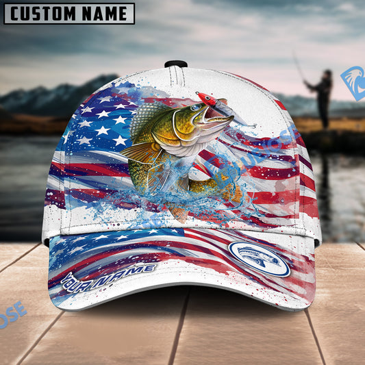 BlueJose Walleye Fishing Watercolor USA Flag Personalized Cap