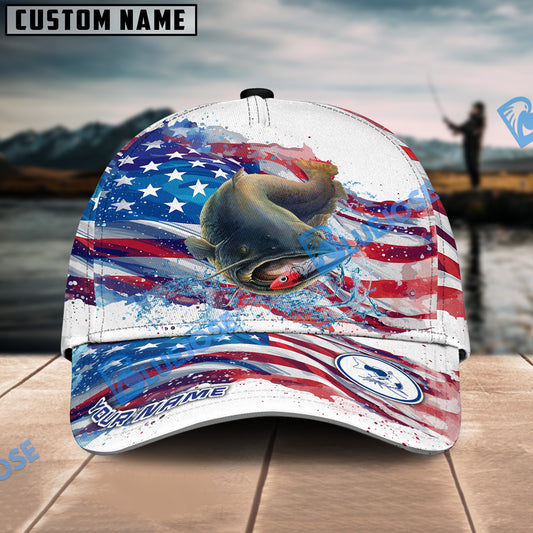 BlueJose Catfish Fishing Watercolor USA Flag Personalized Cap