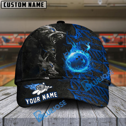 BlueJoses Bowling And Pins Flame Wolf Multicolor Personalized Name Cap