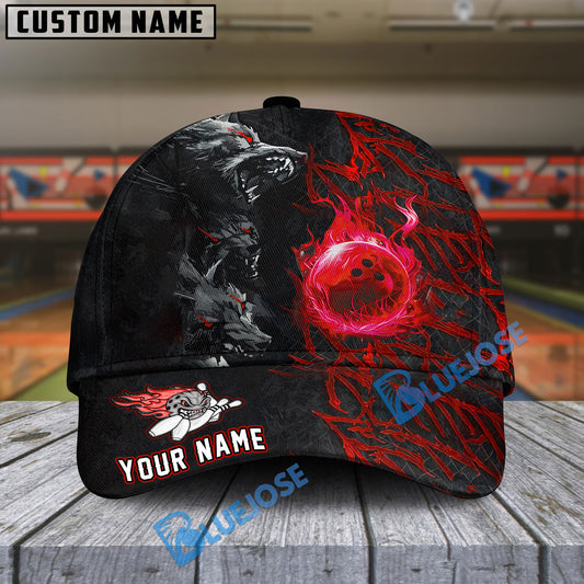BlueJoses Bowling And Pins Flame Wolf Multicolor Personalized Name Cap