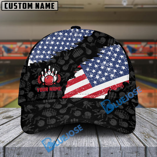 BlueJose Bowling Black US Flag Bowling Pattern Personalized Name Cap