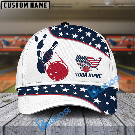 BlueJoses Bowling And Pins American Flag Multicolor Personalized Name Cap