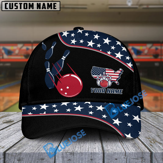 BlueJoses Bowling And Pins American Flag Multicolor Personalized Name Cap