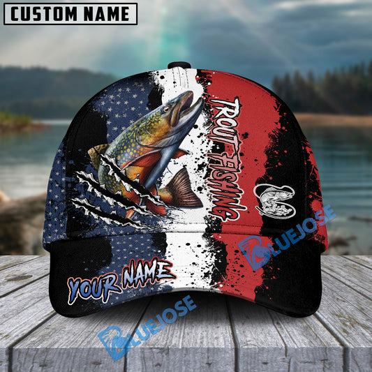 Bluejose Trout Fishing Paint Scratch American Flag scratch Sport Personalized Cap