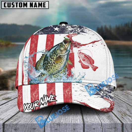Bluejose Crappie Fishing American Flag Red Blue Seawave Personalized Cap