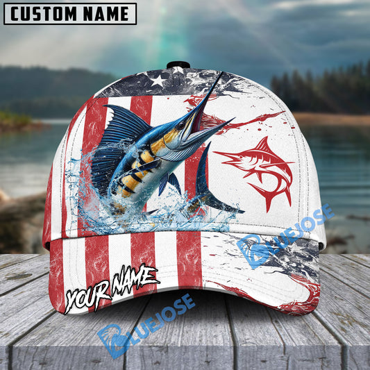 Bluejose Marlin Fishing American Flag Red Blue Seawave Personalized Cap