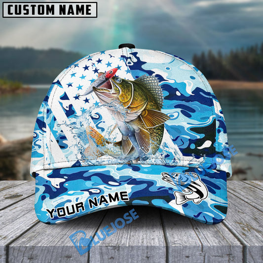 Bluejose Walleye Fishing Blue White American Flag Personalized Cap
