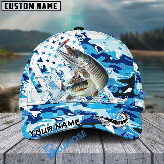 Bluejose Musky Fishing Blue White American Flag Personalized Cap