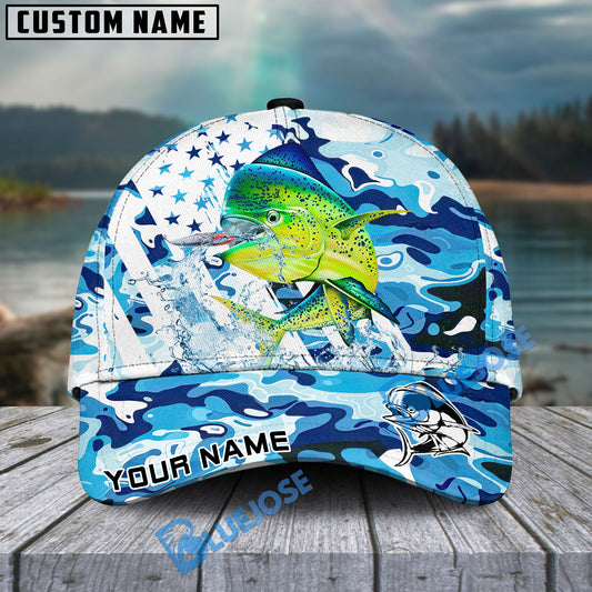 Bluejose Mahimahi Fishing Blue White American Flag Personalized Cap