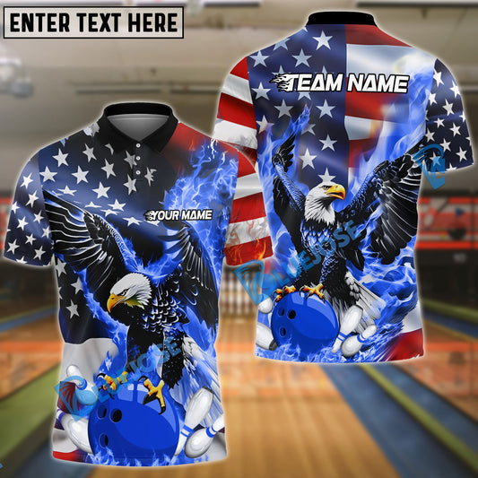 BlueJose Bowling And Pins Flame Eagle American Flag Customized Name, Team Name 3D Shirt (4 Colors)