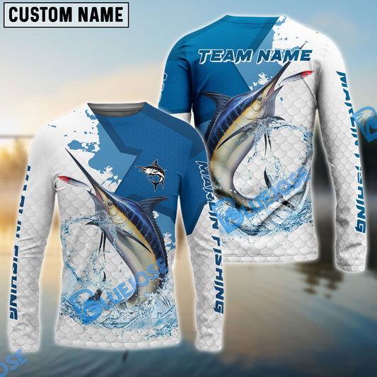 Bluejose Marlin Fishing White Fin Blue Paint Sport Custom Name & Team Name 3D Shirts