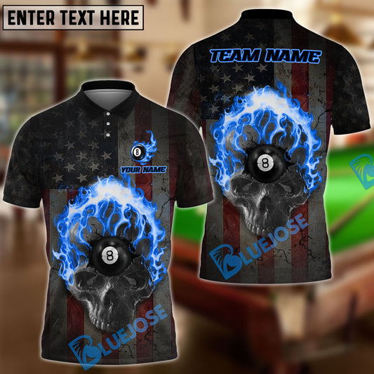 BlueJose Billiards Ball 8 Pool American Hell Fire Skull Personalized Name & Team Name Shirt (4 Colors)