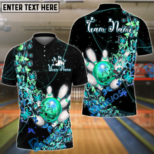 BlueJose Bowling And Pins Butterfly Flow Customized Name, Team Name 3D Shirt (4 Colors)