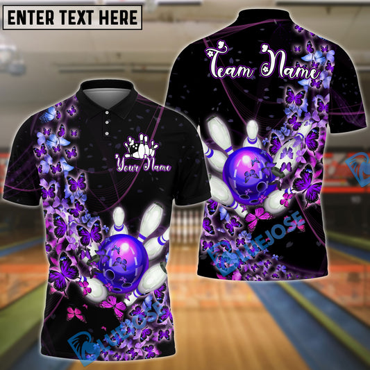 BlueJose Bowling And Pins Butterfly Flow Customized Name, Team Name 3D Shirt (4 Colors)