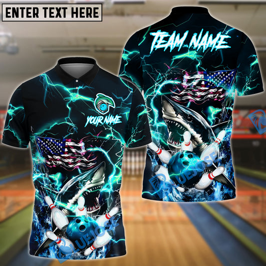 BlueJose Bowling And Pins Thunder American Flag Shark Customized Name, Team Name 3D Shirt (4 Colors)