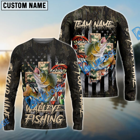 Bluejose Walleye Fishing American Flag Camo Cross Gear Custom Name & Team Name 3D Shirts