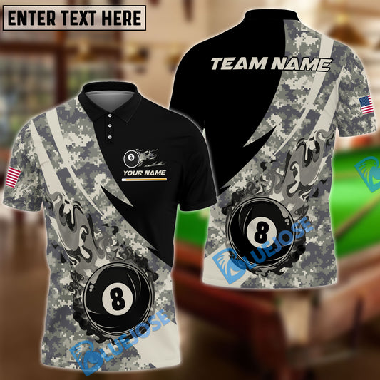 BlueJose Billiards Ball 8 Flame Camo Personalized Name Shirt (4 Colors)