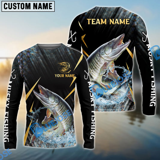Bluejose Musky Fishing Golden With Skinfish Pattern Custom Name & Team Name 3D Shirts
