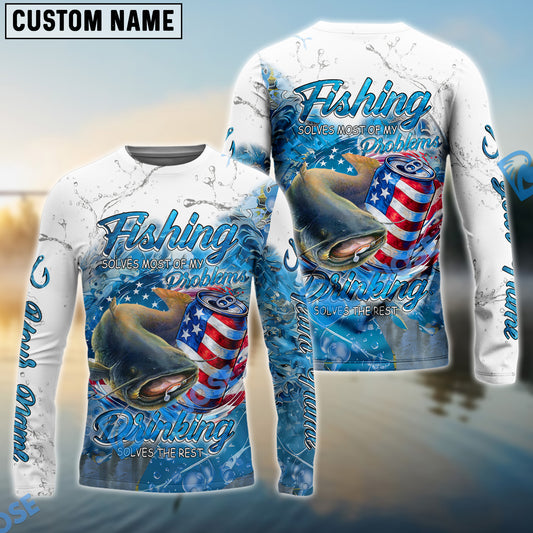 Bluejose Catfish Fishing Beer & Fishing Flag Quote “Fishing solves most of my problems, drinking solves the rest” Dynamic Strike Pattern Custom Name & Team Name 3D Shirts