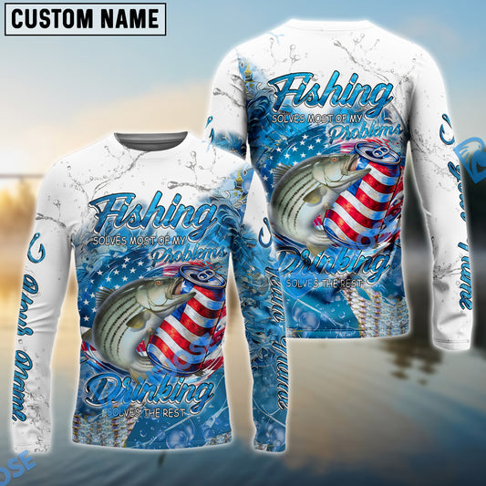 Bluejose Striped Bass Fishing Beer & Fishing Flag Quote βFishing solves most of my problems, drinking solves the restβ Dynamic Strike Pattern Custom Name & Team Name 3D Shirts