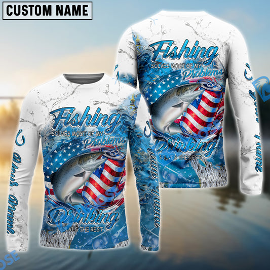 Bluejose Salmon Fishing Beer & Fishing Flag Quote “Fishing solves most of my problems, drinking solves the rest” Dynamic Strike Pattern Custom Name & Team Name 3D Shirts