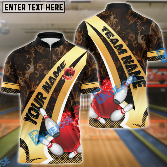 BlueJose Bowling And Pins Gold Flame Power Premium Customized Name, Team Name 3D Shirt (4 Colors)