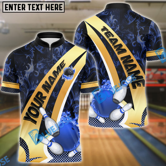 BlueJose Bowling And Pins Gold Flame Power Premium Customized Name, Team Name 3D Shirt (4 Colors)