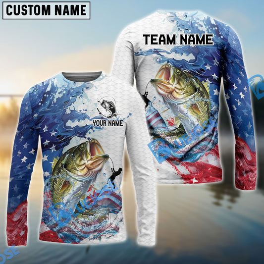 Bluejose Bass Fishing Patriotic American Flag Wave White Skin Custom Name & Team Name 3D Shirts