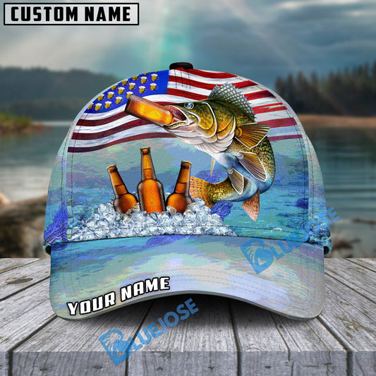 BlueJose Walleye Fishing American Flag Beer Personalized Cap