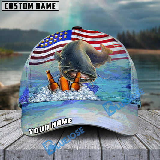BlueJose Catfish Fishing American Flag Beer Personalized Cap