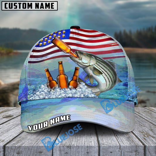 BlueJose Striped Bass Fishing American Flag Beer Personalized Cap