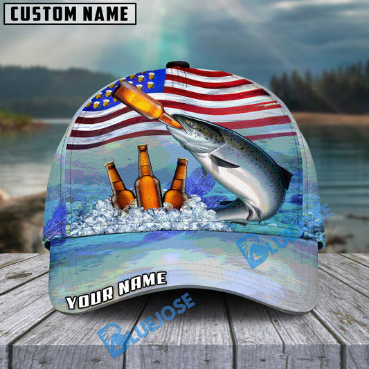 BlueJose Salmon Fishing American Flag Beer Personalized Cap