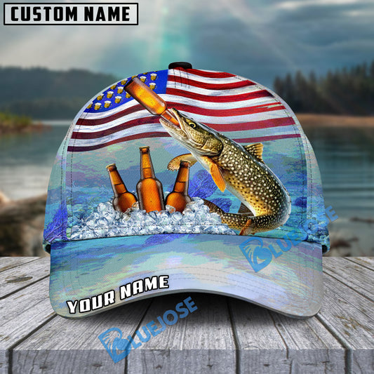 BlueJose Pike Fishing American Flag Beer Personalized Cap