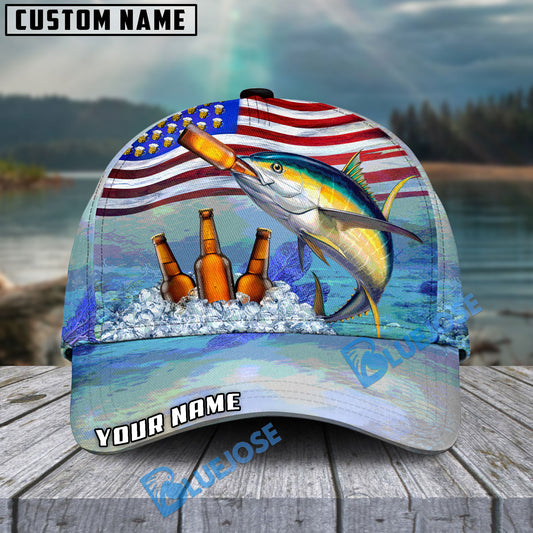 BlueJose Tuna Fishing American Flag Beer Personalized Cap