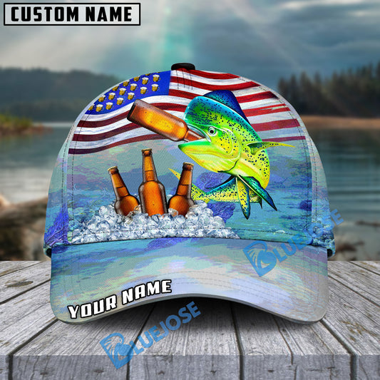 BlueJose Mahi-mahi Fishing American Flag Beer Personalized Cap