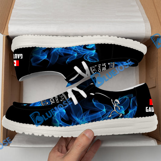 BlueJose Personalized Name Cornhole Blue White Canvas Loafer Shoes